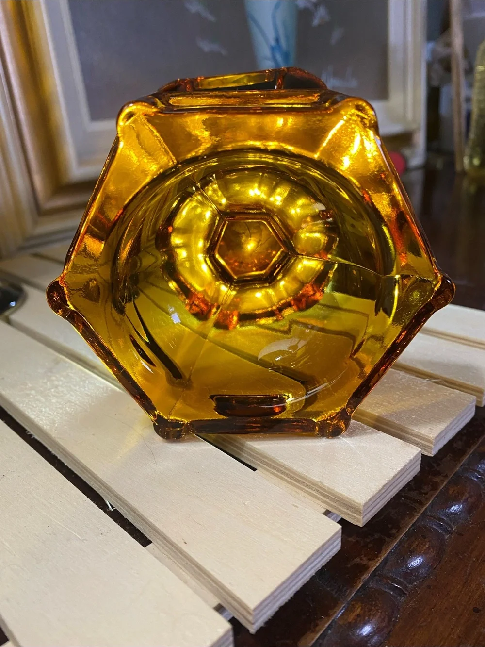 MCM Viking Glass Honey Amber Epic Column Swung Vase 18